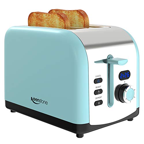 Toaster 2 Slice, Keenstone Stainless Steel Retro Toaster with Timer, Wide Slot, Defrost/Reheat/Cancel Fuction, Removable Crumb Tray, Blue