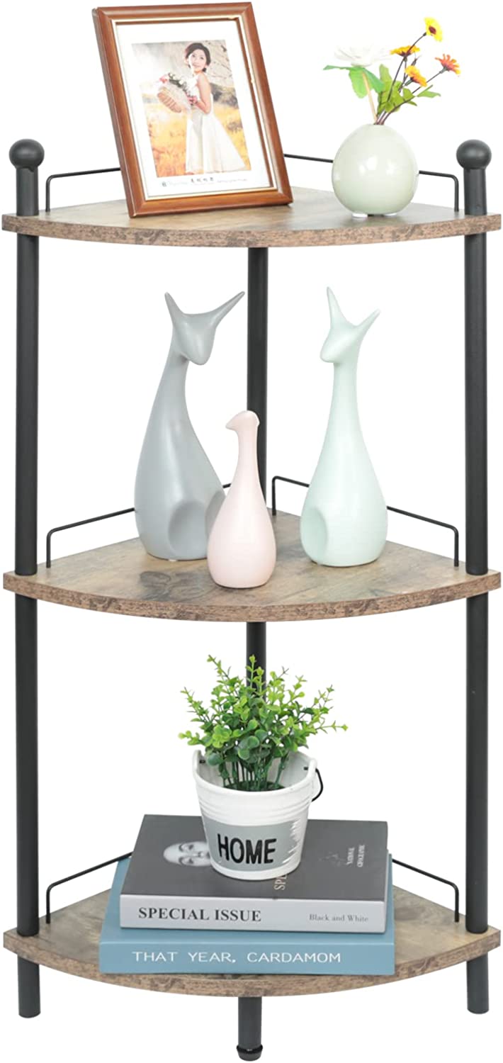 Chefluad Iron Corner Rack,3 Tier Corner Shelf Plant Stand,Corner Bookshelf Small Bookcase Storage Rack,Rustic Brown