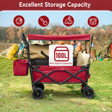 Collapsible Garden Wagon Cart with Removable Canopy, Keenstone Foldable Wagon Utility Carts with Wheels and Rear Storage, Wagon Cart for Garden Camping Grocery Shopping Cart, Red