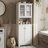 Tall Bathroom Storage Cabinet with Glass Doors, 1 Middle Open Compartment & Adjustable Shelves, Large Linen Cabinet for Bathroom, Kitchen, 11.8" D x 23.6" W x 64" H, White