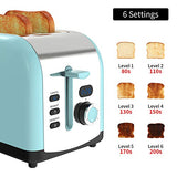 Toaster 2 Slice, Keenstone Stainless Steel Retro Toaster with Timer, Wide Slot, Defrost/Reheat/Cancel Fuction, Removable Crumb Tray, Blue