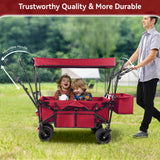 Collapsible Garden Wagon Cart with Removable Canopy, Keenstone Foldable Wagon Utility Carts with Wheels and Rear Storage, Wagon Cart for Garden Camping Grocery Shopping Cart, Red