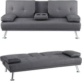Sofa Bed, Faux Leather Futon Couch with Armrest and 2 Cupholders, Pull Out Sofa Bed Couch Convertible with Metal Legs, Folding, Reclining Small Couch Bed, Futon Bed for Living Room - Gray