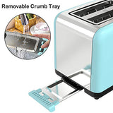 Toaster 2 Slice, Keenstone Stainless Steel Retro Toaster with Timer, Wide Slot, Defrost/Reheat/Cancel Fuction, Removable Crumb Tray, Blue