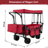 Collapsible Garden Wagon Cart with Removable Canopy, Keenstone Foldable Wagon Utility Carts with Wheels and Rear Storage, Wagon Cart for Garden Camping Grocery Shopping Cart, Red
