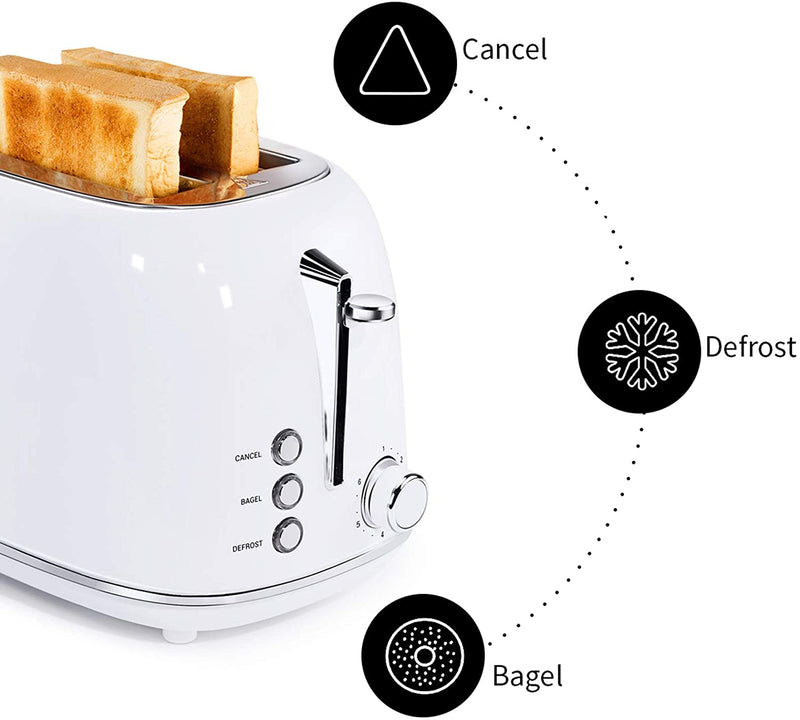 Toaster 2 Slice, Keenstone Stainless Steel Retro Toaster with Bagel Function, Wide Slots, Crumb Tray, White