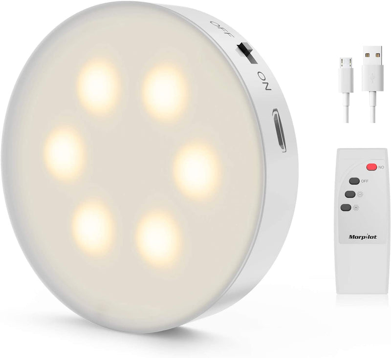 Morpilot Puck Lights 1 Pack, Rechargeable Under Cabinet Light, Closet Lights Battery Powered, Dimmable Led Cabinet Lighting with Wireless Remote, Under Counter Lights for Kitchen, Hallway, Stairs