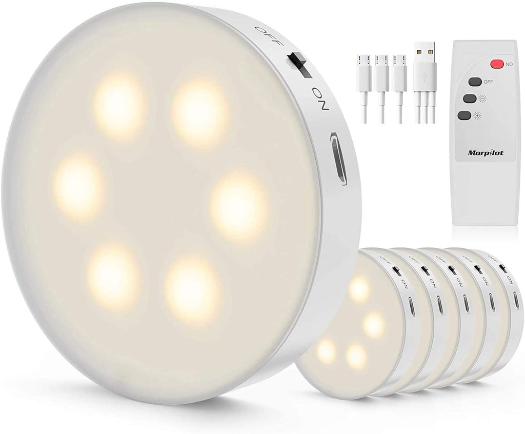 Morpilot Puck Lights, Rechargeable Under Cabinet Lighting, Dimmable Closet Lights Battery Powered, Led Cabinet Light with Wireless Remote, Under Counter Light for Kitchen, Stick on Lights (6 Packs)