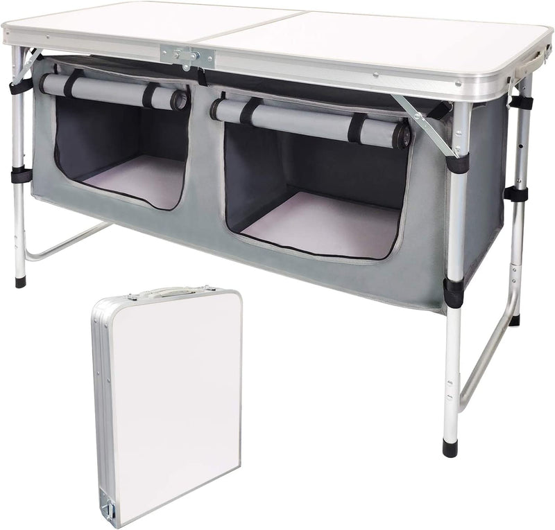 Folding Camping Table with Storage Compartment Aluminum Lightweight Camp Kitchen Table Height Adjustable Indoor/Outdoor Table Perfect for Tailgating, Backyards, BBQ, Picnic，2