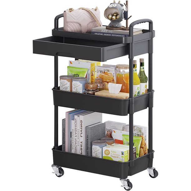 MONVANE 3-Tier Rolling Utility Cart with Drawer,Multifunctional Storage Organizer with Plastic Shelf & Metal Wheels,Storage Cart for Kitchen,Bathroom,Living Room,Office, Black