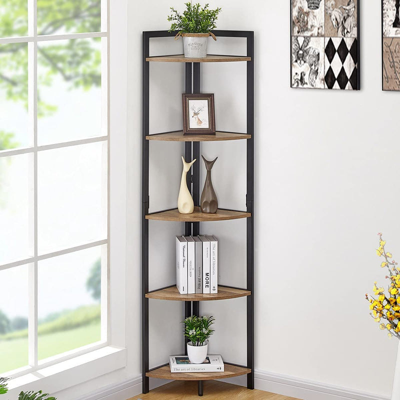Chefluad Iron Corner Rack,6 Tier Corner Shelf Plant Stand,Corner Bookshelf Small Bookcase Storage Rack,Rustic Brown