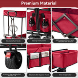 Collapsible Garden Wagon Cart with Removable Canopy, Keenstone Foldable Wagon Utility Carts with Wheels and Rear Storage, Wagon Cart for Garden Camping Grocery Shopping Cart, Red