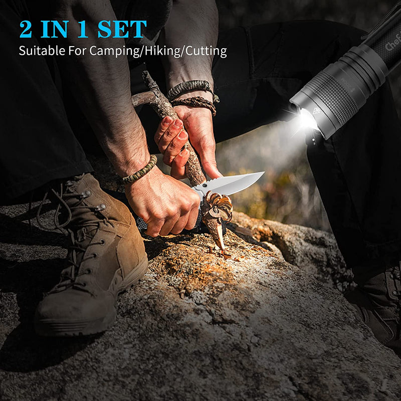 Handheld Flashlight Pocket Knife Set, Cheflaud LED Flashlight with 5 Modes Zoomable Water Resistant and Hunting Knife Combo for Outdoor Camping Hiking Fishing Traveling Men's Gift