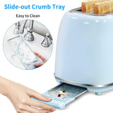 2 Slice Toaster Retro Stainless Steel Toaster with Bagel, Cancel, Defrost Function and 6 Bread Shade Settings Bread Toaster, Extra Wide Slot and Removable Crumb Tray, Blue