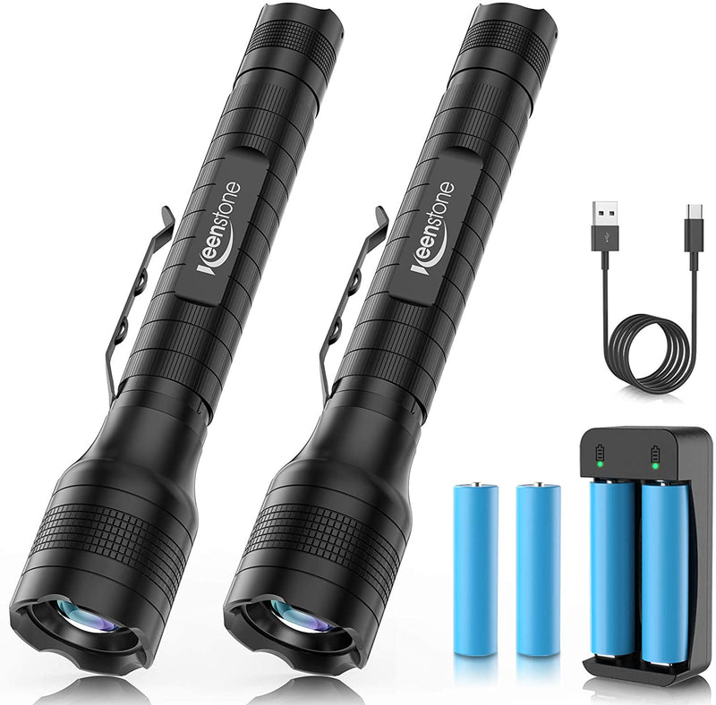 Brightest LED Flashlights Rechargeable 2 Pack, Waterproof 1500 High Lumen Handheld Flashlights with 5 Light Modes and Pocket Clip for Emergency or Camping(4 pcs 18650 Battery and Charger Included)