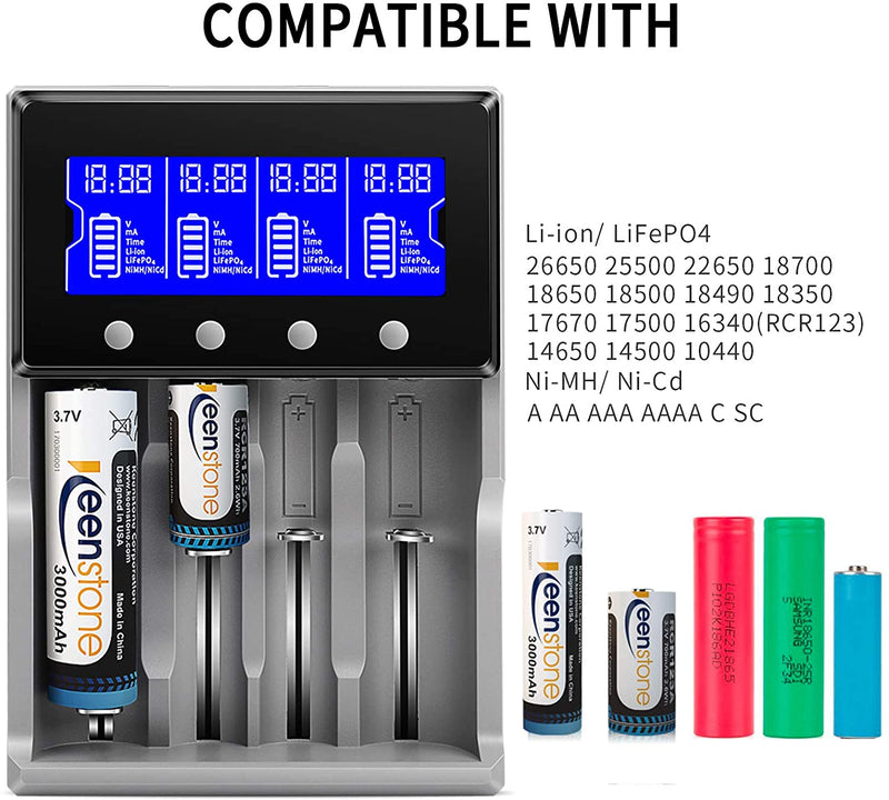 Universal Battery Charger, Keenstone Premium Battery Charger 4 Slots for 18650 Battery Rechargeable Batteries Li-ion LiFePO4 IMR 10440 14500 16340 RCR123A 26650 Ni-MH Ni-Cd AA AAA -LCD Display - Grey