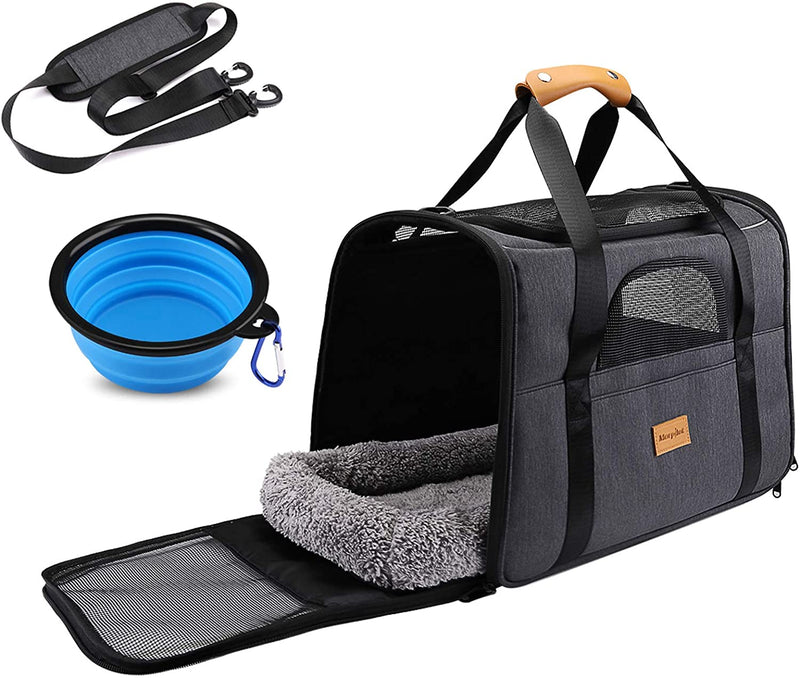 Cat Carrier Dog Carrier, Pet Travel Carrier Airline Approved for Small Dogs Puppies Cats of 15lbs, Portable Pet Transport Bag with Adjustable Shoulder Strap + Removable Soft Cushion + Foldable Bowl
