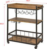 Cheflaud Rolling Bar Carts Serving Cart on Wheels, 3 -Tier Kitchen Storage Shelves Wine Rack Table with Portable and Wine Holders