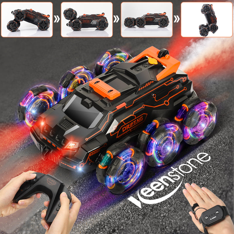 Keenstone Remote Control Car, RC Stunt Car with Gesture Control, Simulated Exhaust Spray, Suitable The Best Christmas Birthday Gift for 3-8 Year Old, Orange