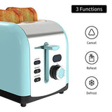 Toaster 2 Slice, Keenstone Stainless Steel Retro Toaster with Timer, Wide Slot, Defrost/Reheat/Cancel Fuction, Removable Crumb Tray, Blue