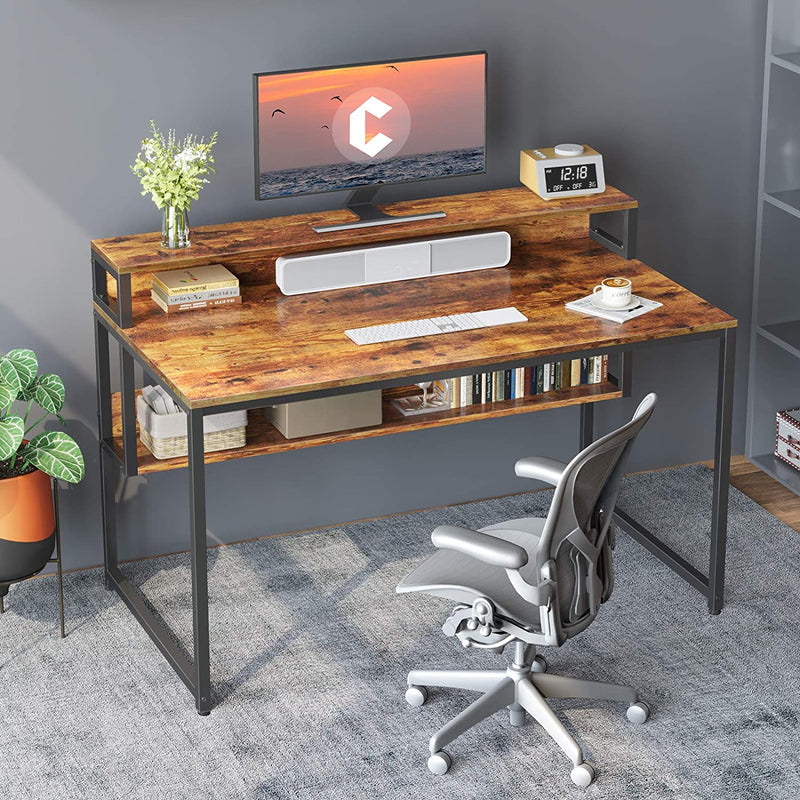 Computer Home Office Desk, 47" Small Desk Table with Storage Shelf and Bookshelf, Study Writing Table Modern Simple Style Space Saving Design, Rustic