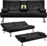 Sofa Bed, Faux Leather Futon Couch with Armrest and 2 Cupholders, Pull Out Sofa Bed Couch Convertible with Metal Legs, Folding, Reclining Small Couch Bed, Futon Bed for Living Room - Gray