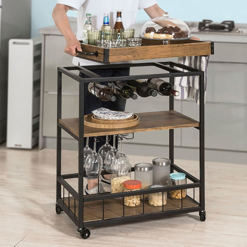 Cheflaud Rolling Bar Carts Serving Cart on Wheels, 3 -Tier Kitchen Storage Shelves Wine Rack Table with Portable and Wine Holders