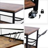 Cheflaud 3-Tier Rolling Kitchen Microwave Island Stand Heavy Duty Storage Shelf Bakers Rack Trolley Cabinet Utility with Iron Frame handle 10 Hooks,Brown