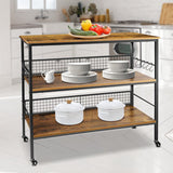 Behost Rolling Kitchen Storage Cart Island with large open shelves and Large Worktop, 3-Tier Kitchen Baker’s Rack with 10 Hooks, Stable Steel Structure and Easy Assembly, Rustic Brown