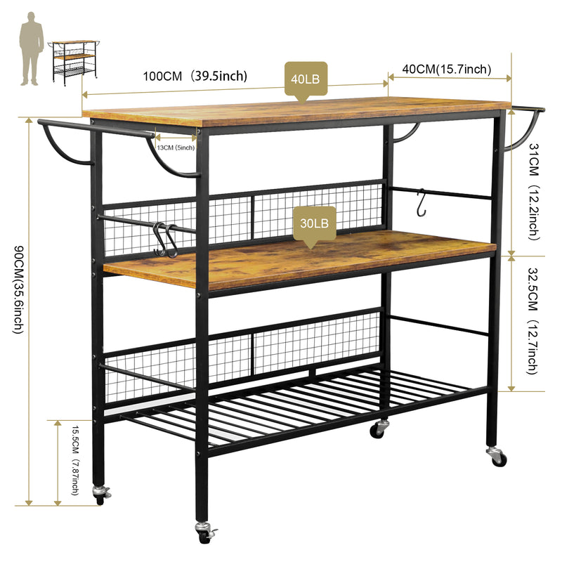 Cheflaud 3-Tier Rolling Kitchen Microwave Island Stand Heavy Duty Storage Shelf Bakers Rack Trolley Cabinet Utility with Iron Frame handle 10 Hooks,Brown