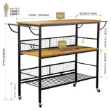Cheflaud 3-Tier Rolling Kitchen Microwave Island Stand Heavy Duty Storage Shelf Bakers Rack Trolley Cabinet Utility with Iron Frame handle 10 Hooks,Brown
